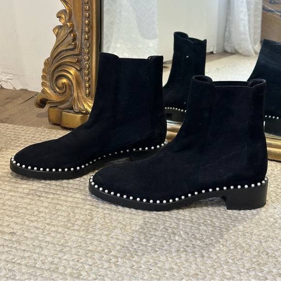 NEW Stuart Weitzman Cline Pearl Embellished Suede Low Heel Bootie Boot Black - Picture 4 of 10